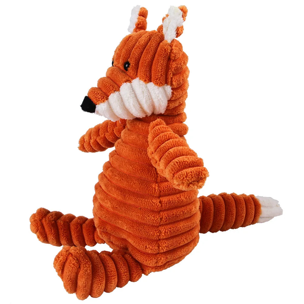 Corduroy plush squeaking dog chew toy in animal shapes
