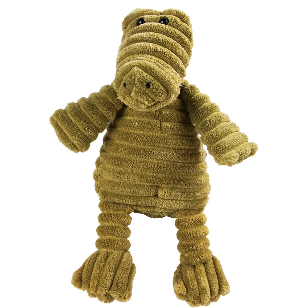 Corduroy plush squeaking dog chew toy in animal shapes