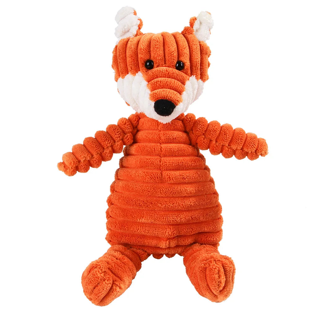Corduroy plush squeaking dog chew toy in animal shapes