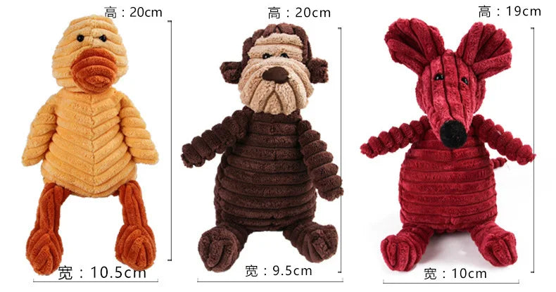 Corduroy plush squeaking dog chew toy in animal shapes
