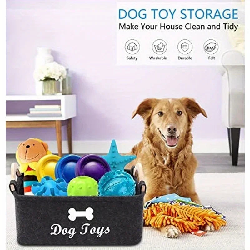Felt dog toy storage box, pet toy organiser basket with handles