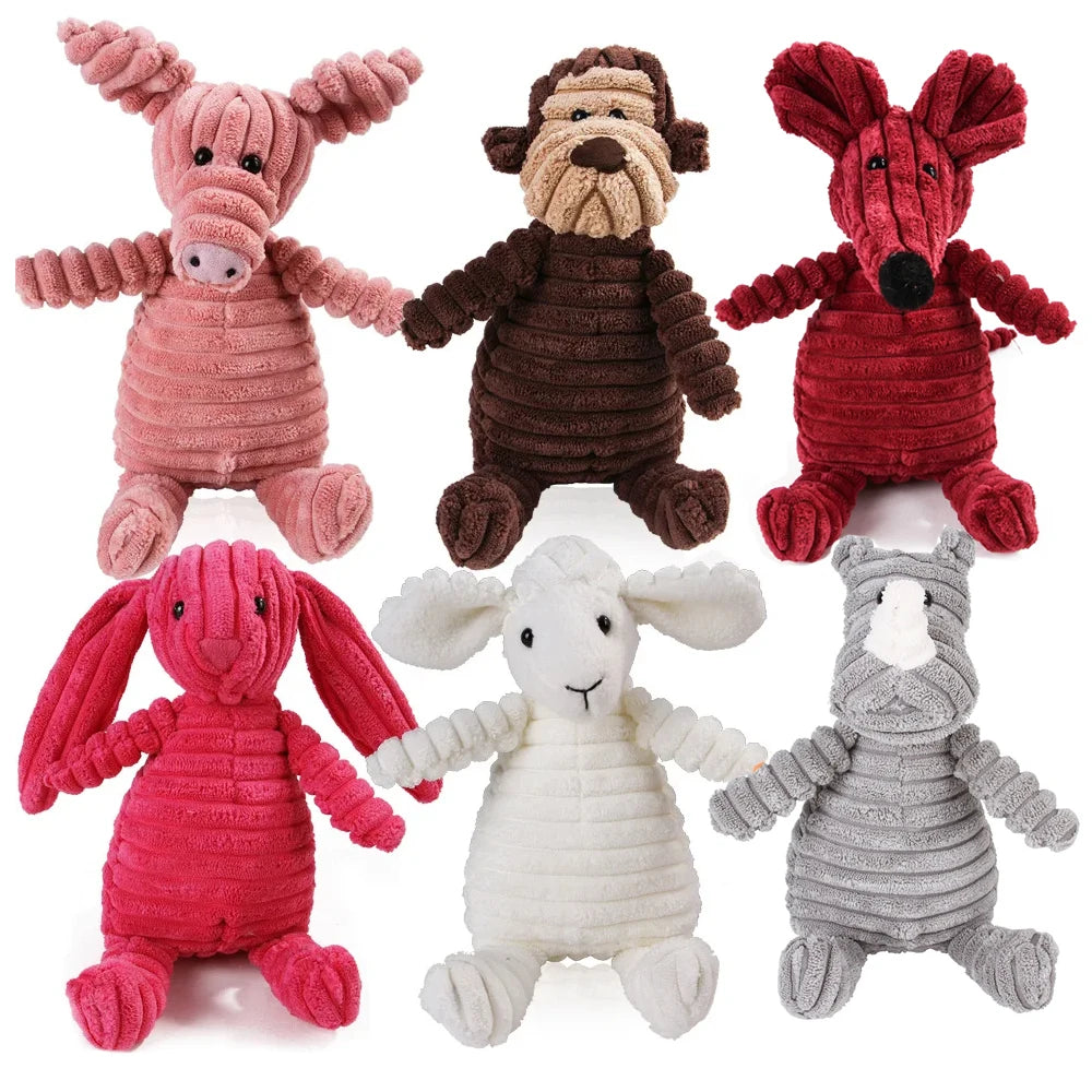 Corduroy plush squeaking dog chew toy in animal shapes