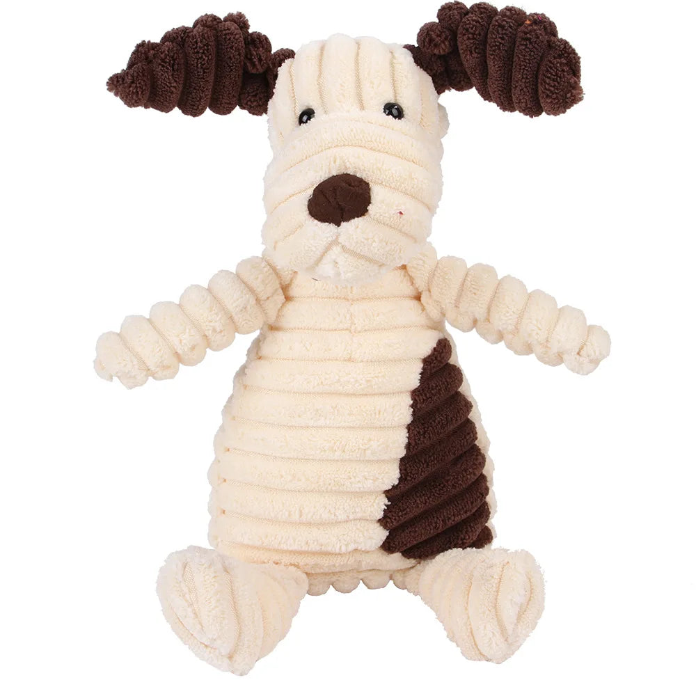 Corduroy plush squeaking dog chew toy in animal shapes