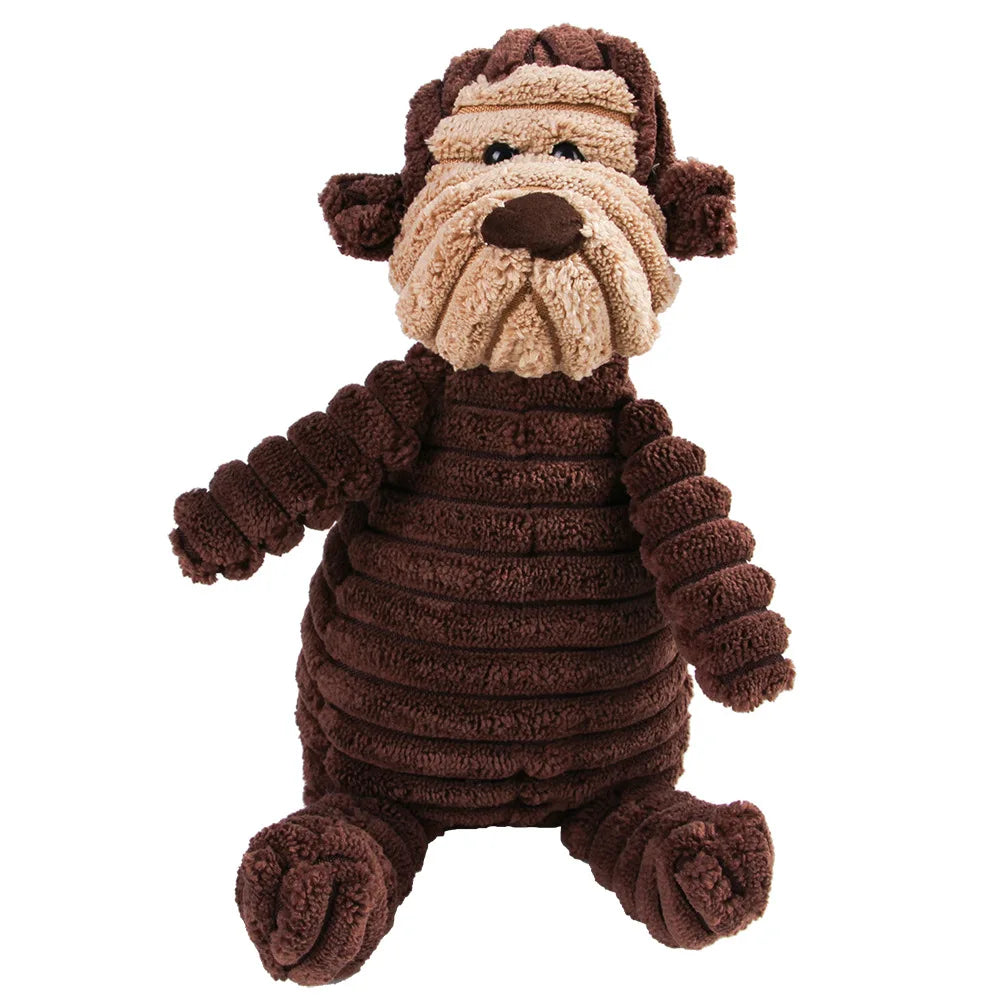 Corduroy plush squeaking dog chew toy in animal shapes
