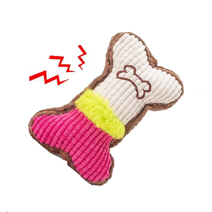 Bone shaped plush squeaky dog toy