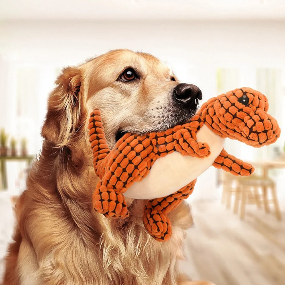 Plush squeaky animal and dinosaur shaped dog toys