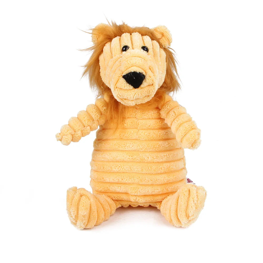 Corduroy plush squeaking dog chew toy in animal shapes