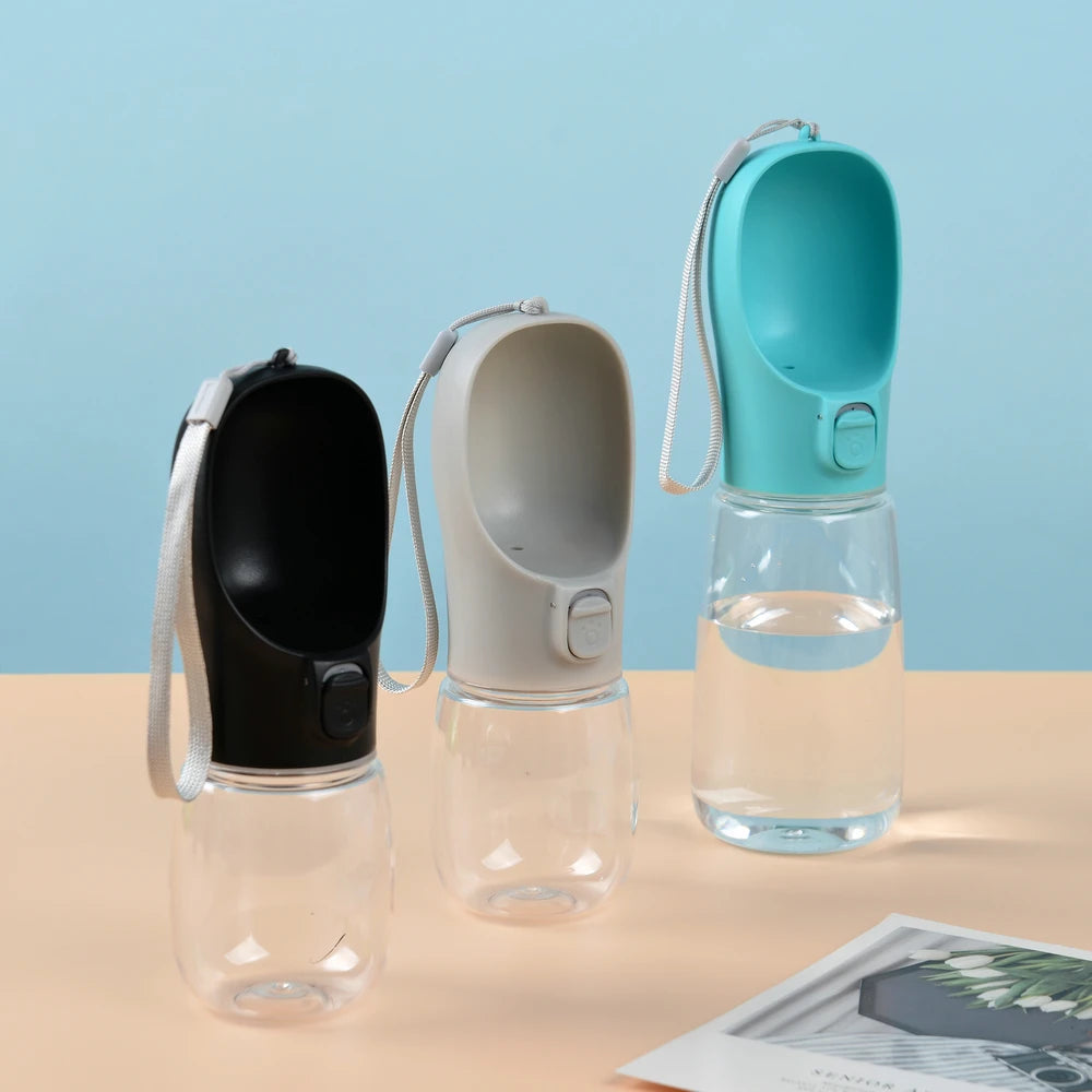 Portable leak proof dog water bottle, one hand drinking bowl for walks and travel