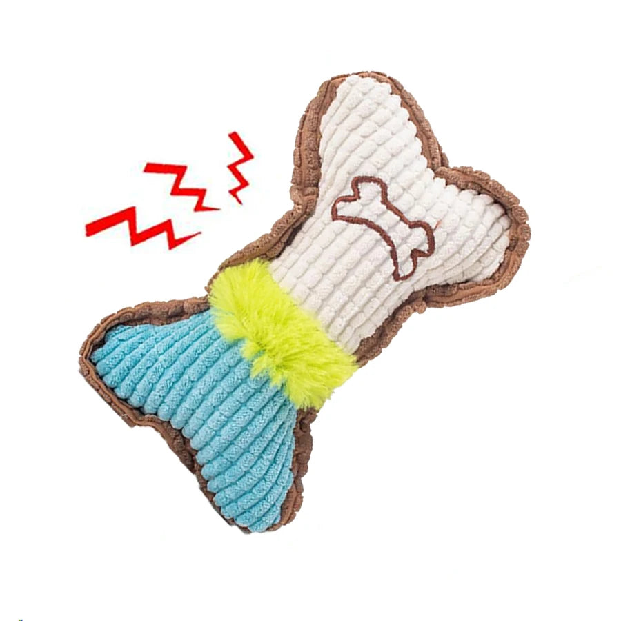 Bone shaped plush squeaky dog toy
