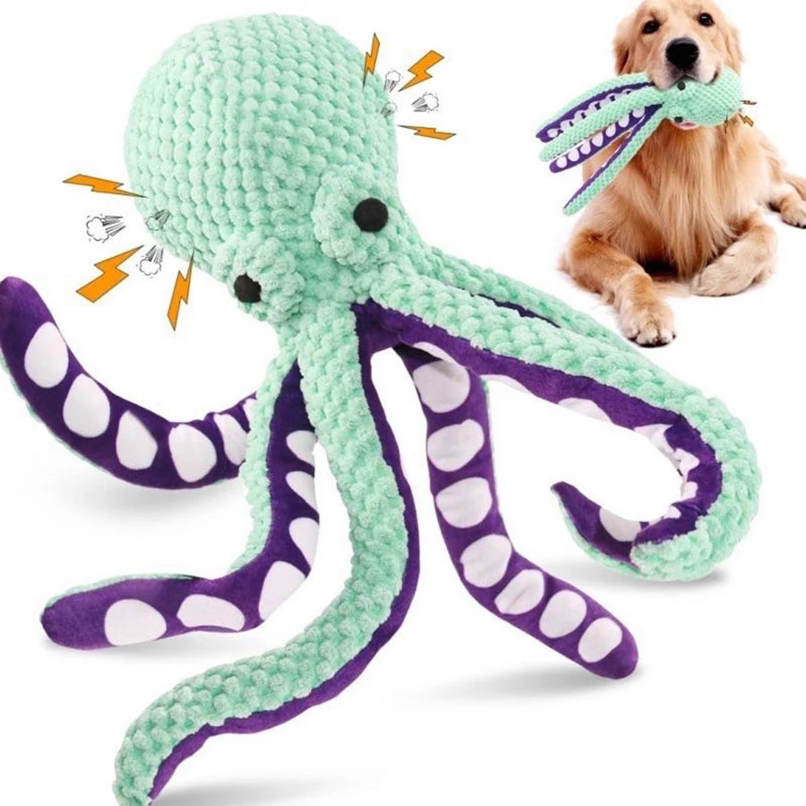 Plush octopus squeaky dog toy, soft interactive chew and comfort toy